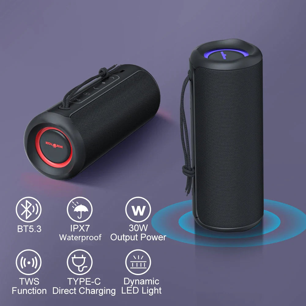 WISETIGER P3 Portable Bluetooth Speaker — 30W, IPX7 Waterproof, RGB Lights